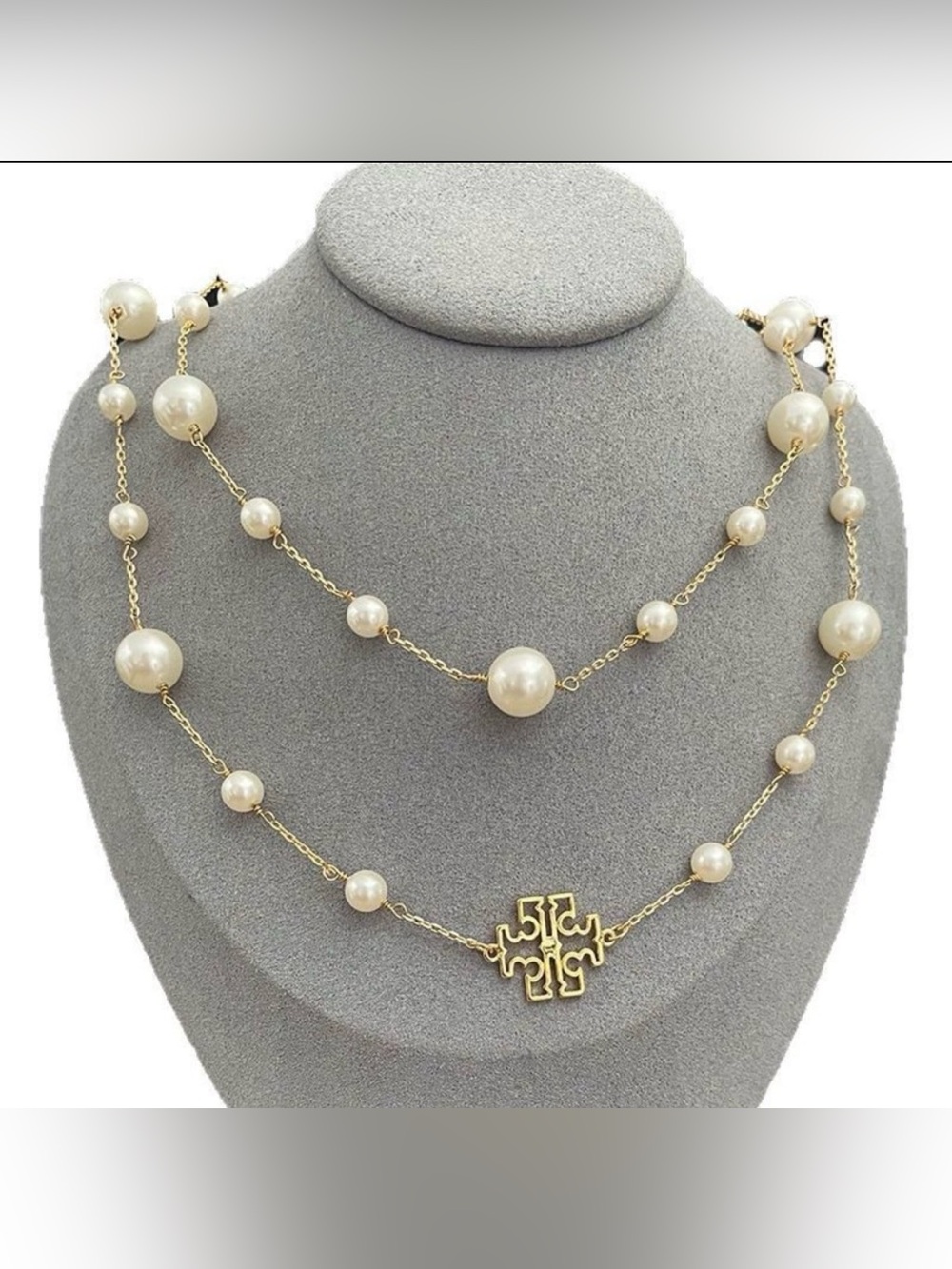 Tory Burch Gold-Tone Pearl Station Double Strand Necklace